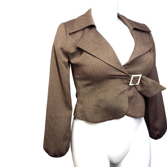 Svetlana Brown Blazer Contrast Lapel Rhinestone Statement Button Closure Size 8 - Picture 8 of 10